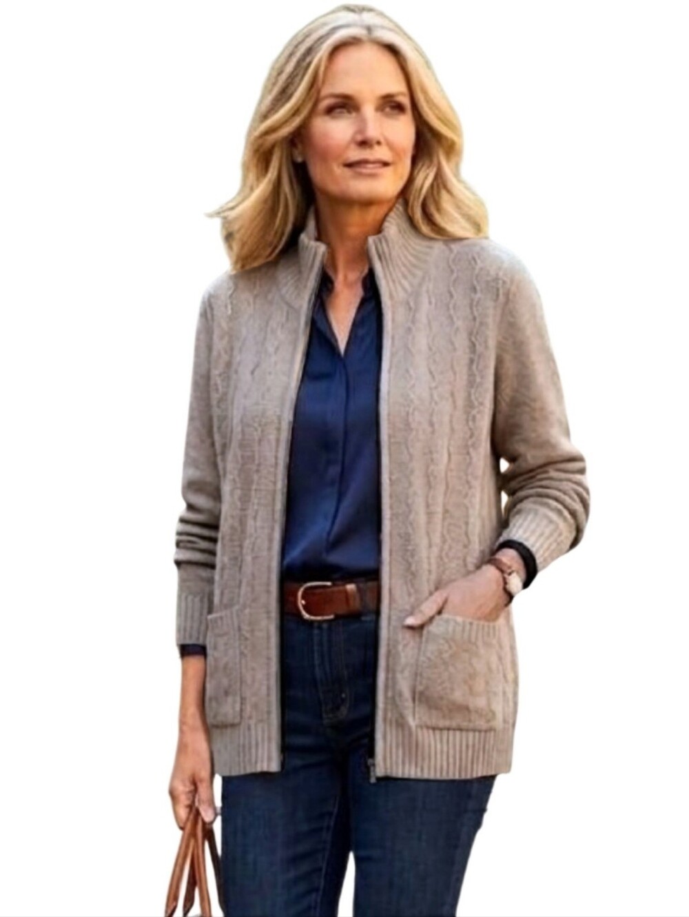 Allison Daley PM Full Zip Brown Tan Pattern Knit Patch Pockets Cardigan